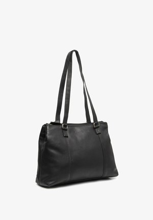 Sac à épaule en cuir noir avec deux longues anses, fermeture éclair et détails subtils de coutures verticales.