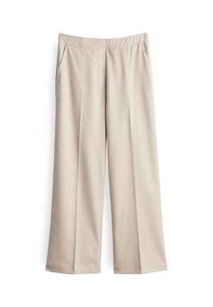 Beige weit geschnittene Hose aus glattem Stoff, mit elastischem Bund, zwei Seitentaschen und geradem Schnitt für eine lässige Passform.