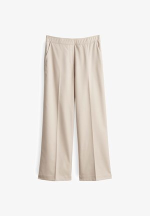 Beige wide-leg trousers made from smooth fabric, featuring an elastic waistband, two side pockets, and a straight cut for a relaxed fit.