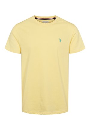 Yellow cotton t-shirt with a crew neck. Features a small green logo on the left chest and short sleeves. Soft texture, casual fit.