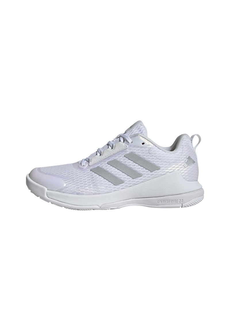 White athletic shoe with a textured mesh upper, three grey stripes, a padded collar, and a rubber sole designed for performance.