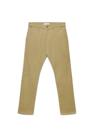 Pantaloni casual beige con passanti per cintura, chiusura con bottone e tasche laterali, mostrati distesi su sfondo bianco.