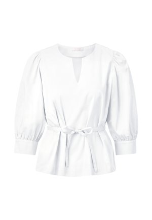 Blusa bianca con scollo a V, maniche puff arricciate e vita legata. Realizzata in un tessuto liscio con un leggero luccichio.
