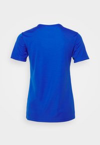Short-sleeve T-shirt made from vibrant blue fabric, featuring a round neck with a contrasting white trim on the back. Smooth texture.