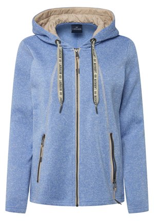 Hoodie zip blu chiaro realizzata in un tessuto testurizzato, con fodera beige, cordini regolabili e due tasche laterali con zip.