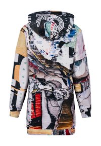 Hooded sweatshirt featuring a collage of textured billboard prints in various colors, including black, red, yellow, and green.