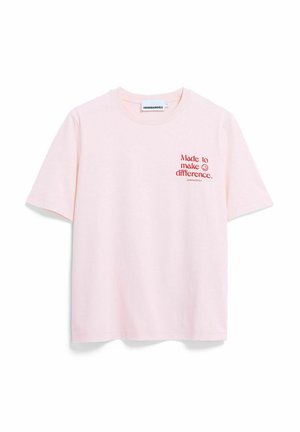 T-shirt à manches courtes en coton rose clair avec un graphisme rouge portant l'inscription « Made to make a difference ». Col rond classique.