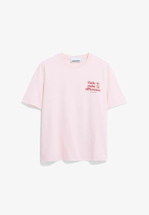 T-shirt à manches courtes en coton rose clair avec un graphisme rouge portant l'inscription « Made to make a difference ». Col rond classique.