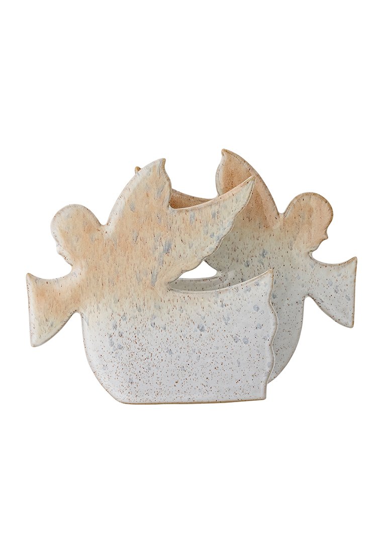 Figurine en céramique représentant des oiseaux, avec une finition mate blanche et une texture mouchetée. Deux oiseaux aux ailes déployées, avec des accents couleur beige clair.