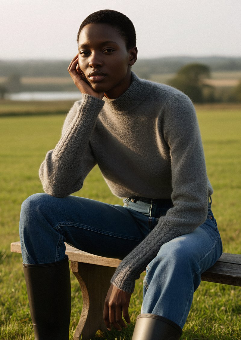 Szürke kötött pulóver magas gallérral, bordás ujjak, kék farmernadrággal és fekete gumicsizmával kombinálva, egy faben ülve a szabadban.