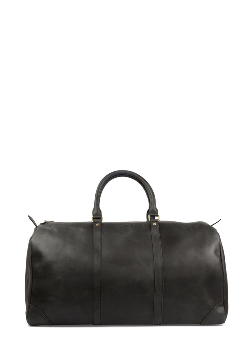 Schwarze Leder-Duﬀel-Tasche mit zwei runden Griffen, goldfarbener Hardware und eine glatte Oberfläche; verfügt über gestickte Akzente und einen Reißverschluss.