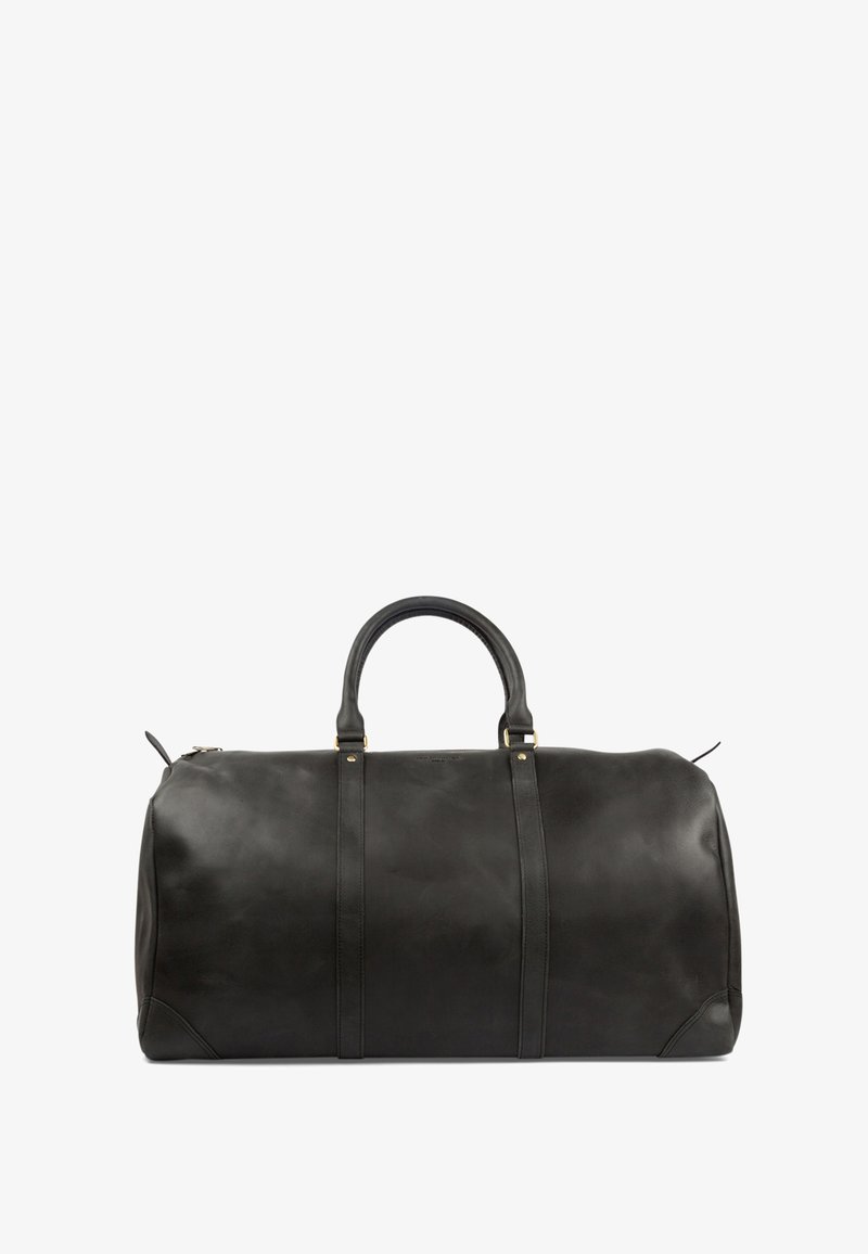 Schwarze Leder-Duffel-Tasche mit zwei runden Griffen, goldfarbener Hardware und eine glatte Oberfläche; verfügt über gestickte Akzente und einen Reißverschluss.