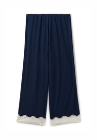 Navyblauwe wijde broek met elastische tailleband en witte kantafwerking aan de brede zoom, plat weergegeven op een witte achtergrond.