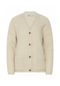 Cardigan beige con un tessuto morbido e testurizzato. Presenta un collo a V, cinque bottoni sulla parte anteriore e due tasche frontali.