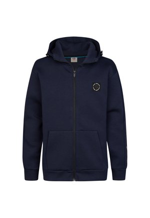 Marineblauwe hoodie met ritssluiting, voorzakken en klein rond logo op de linkerborst, met lange mouwen en vaste capuchon.