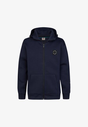 Marineblaue Kapuzenjacke mit Reißverschluss, Fronttaschen und kleinem rundem Logo auf der linken Brustseite, mit langen Ärmeln und angenähter Kapuze.