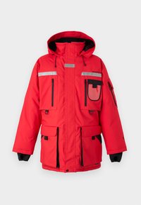 Rote isolierte Parka mit Kapuze, reflektierenden Streifen, mehreren Taschen, schwarzen Akzenten, Frontreißverschlüssen und Handgelenkabschlüssen für Wärme und Funktionalität.