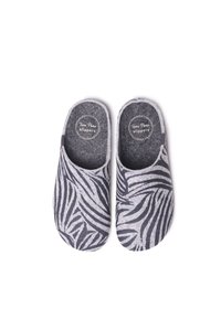 Gray felt slippers with a black and white zebra stripe pattern, open design, and a sturdy sole. Features a circular logo inside.