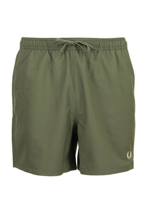 Olijfgroene shorts met elastische taille, trekkoord en klein wit lauwerkranslogo op het onderste deel van het rechterbeen.