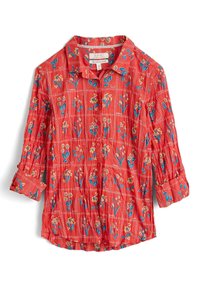 Rode shirt met een bloemenprint in blauw en geel, geruit patroon, kraag en lange mouwen met knoopmanchetten.