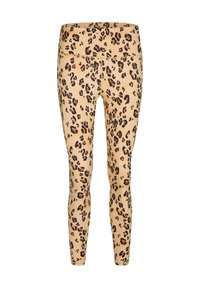 Leopard print leggings with a beige base, featuring black and brown spots. Made of stretchy, smooth material; high waistband design.