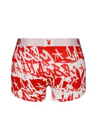Red and white boxer shorts featuring a graffiti pattern. Soft fabric, fitted design, elastic waistband with a logo accent.