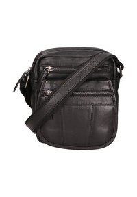 Borsa a tracolla nera in pelle con scomparti multipli con cerniera, forma rettangolare, tasca frontale piatta e tracolla regolabile.