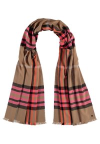 Écharpe brune avec des rayures audacieuses en rose, orange et noir, bordée de franges et présentant une texture douce et légère.