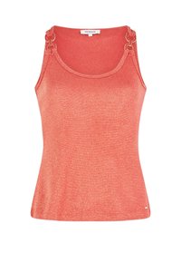 Coral sleeveless tank top with a rounded neckline, metallic shimmer, and circular gold-tone hardware accents on the straps. Stretchy fabric.