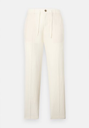 Pantalon droit couleur crème avec fermeture à bouton, passants de ceinture, poches latérales et détail de taille à cordon de serrage.