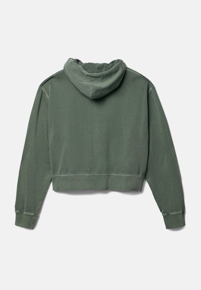 Felpa corta in cotone verde scuro, con cappuccio regolabile e bordo a costine sui polsini e sull'orlo. Texture liscia con dettagli di cucitura minimi.