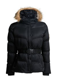 Svart dunjakke med avtakbar hette med pelskant, knappestenging og et innsvingt svart belte med teksturerte detaljer.