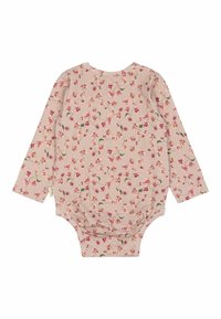 Body à manches longues pour bébé en rose doux avec un motif floral, doté de boutons-pression au bas pour un habillage facile. Tissu lisse et extensible.