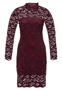 Burgundské krajkové šaty s dlouhými rukávy, vysokým výstřihem, květinovým vzorem, průsvitnou texturou a přiléhavým střihem, končící nad koleny.