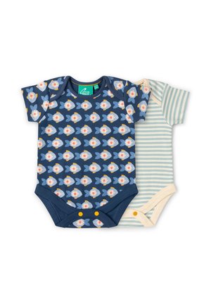 Two short-sleeve baby bodysuits, one navy with blue flower pattern, one cream with light blue horizontal stripes, both with snap closures.