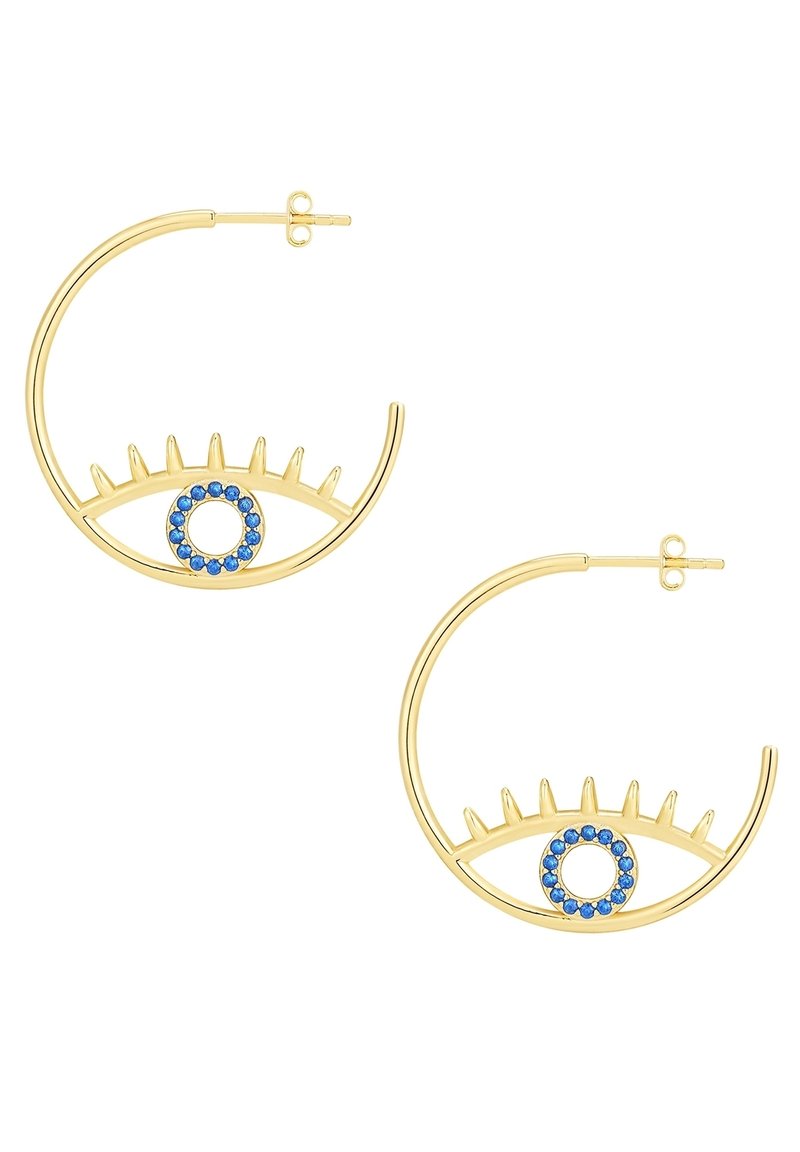 Zlaté kruhové náušnice s dizajnom oka; obsahujú modré kamene v kruhovom vzore a krátke hroty pozdĺž vrchu pre textúru a detail.