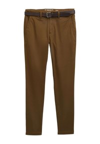 Pantalon chino en coton marron avec une coupe droite, doté de poches avant et d'une ceinture en cuir marron foncé avec une boucle métallique. Taille 32/32.