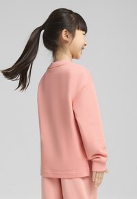 Sudadera rosa hecha de material suave, con un cuello redondo, mangas largas y puños acanalados. Diseño minimalista sin patrones.