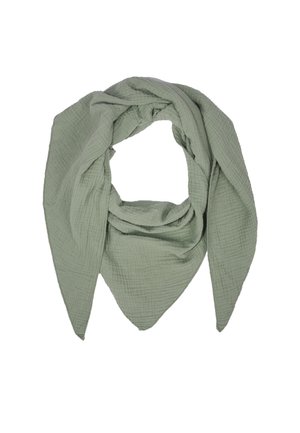 Hellgrüner Schal aus strukturiertem, zerknittertem Stoff, in Form eines Dreiecks mit spitzen Enden, und in einem geschlungenen Stil arrangiert.