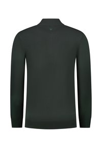 Donkergroene lange mouwen polo met een kraag, ribgebreide manchetten en een subtiel driehoekig logo op de achterkant van de halslijn. Gladde textuur.