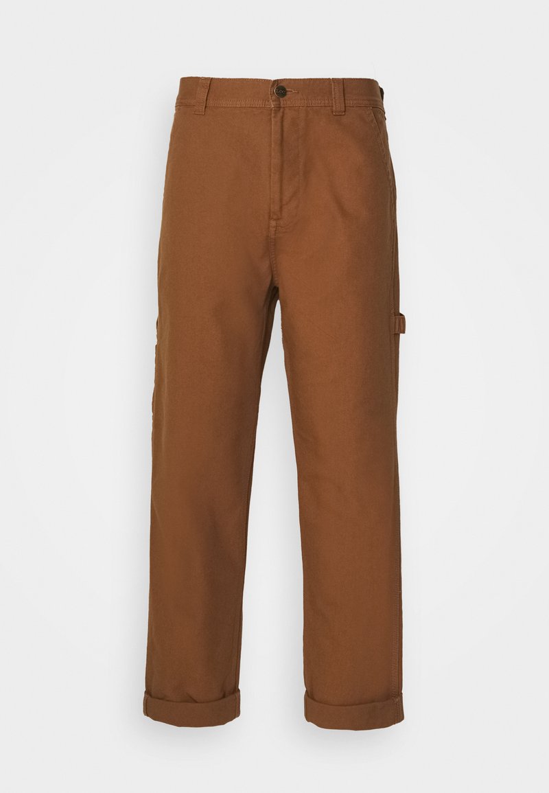 Bruine katoenen broek met een rechte snit, voorzien van een omgerolde zoom, voorzakken en een knopen sluiting bij de tailleband.