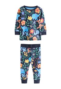 Marineblauw katoenen pyjamaset met een longsleeve top en broek, versierd met kleurrijke patronen van olifanten, bloemen en bladeren.