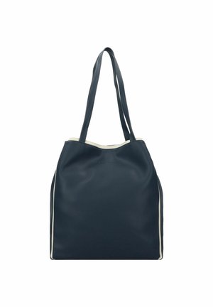 Sac fourre-tout bleu marine avec doubles bretelles et bordure blanche le long des bords, fabriqué en matériau lisse.