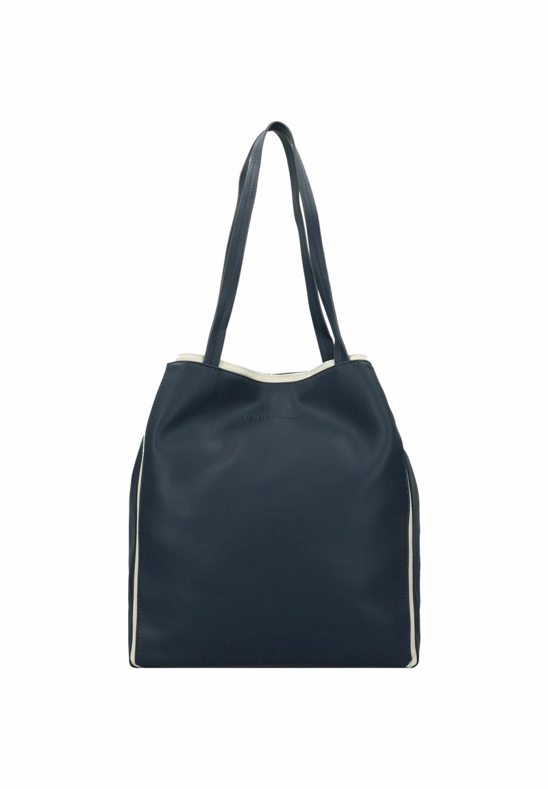 Sac fourre-tout bleu marine avec doubles bretelles et bordure blanche le long des bords, fabriqué en matériau lisse.