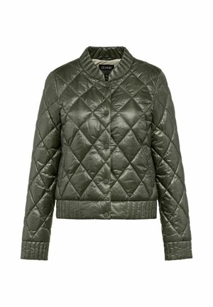 Oliwkowa pikowana kurtka z okrągłym kołnierzem, zapięciem na napy oraz ściągaczami przy mankietach. Posiada wzór w romby i błyszczącą teksturę.