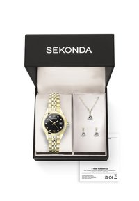 Montre en or avec cadran noir et date, accents argentés de la marque Sekonda ; inclut des boucles d'oreilles et un collier assortis dans une boîte noire.