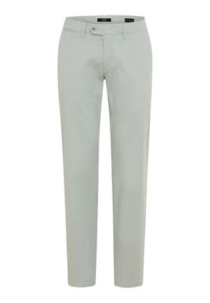 Hellgraue, schmal geschnittene Hose mit Gürtelschlaufen, Knopf- und Reißverschluss vorne, auf weißem Hintergrund gezeigt.