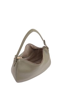 Olijfgroene leren handtas met een gladde textuur, gebogen vorm, enkele handgreep en gouden rits. Het interieur is gevoerd met lichte stof.