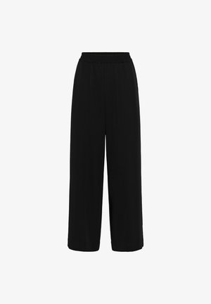 Juodi plačios kojos kelnių su elastinga juosmena, pagaminti iš minkštos medžiagos, turintys lygų paviršių ir švarų, nepuoštą dizainą.