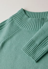 Minzgrüner Pullover mit geripptem Rundhalsausschnitt und Bündchen, der eine glatte Stricktextur und strukturierte Schulternähte aufweist.